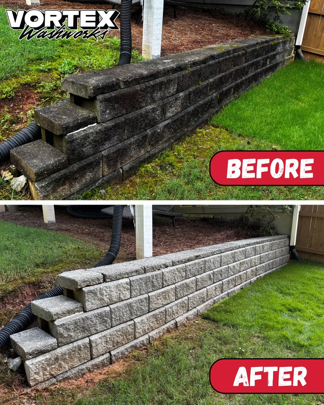 Retaining wall cleaning before and after in Decatur, GA